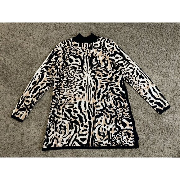 CHICOS Tipped Mock Neck Tunic Leopard Print Cotton Cashmere Blend Bohoglam LARGE - Picture 2 of 8